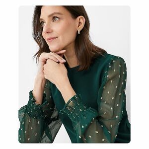 ★ Ann Taylor Shimmer Clip Sleeve Mixed Media Top - Green ★